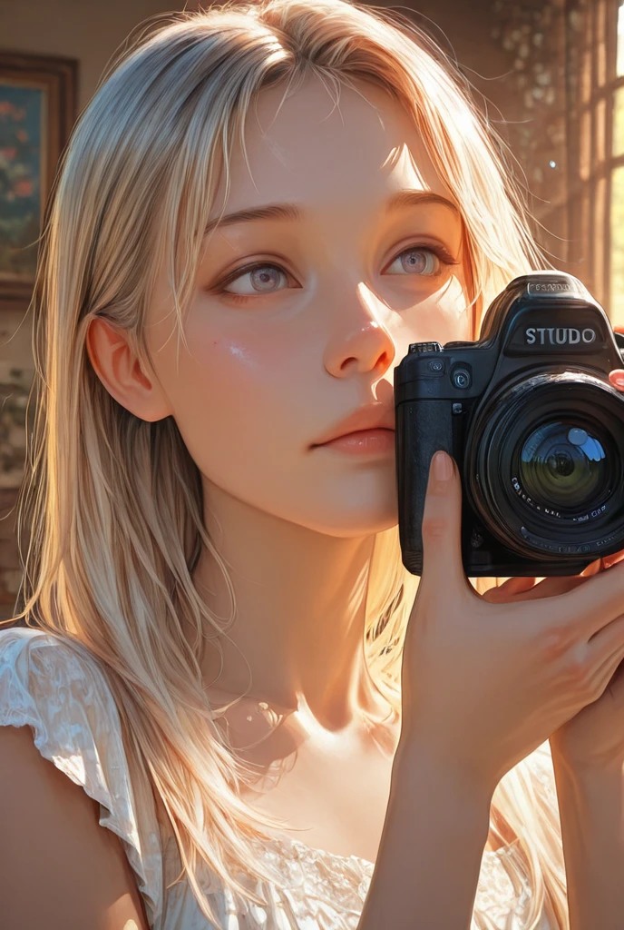 (dynamic lighting), (realism), (UHD), (32k), (Mastepiece), (highres, high resolution), (Advanced facial details), (natural skin:1.3), (DSLR), (soft lighting), (high quality), (finely detailed face), (top quality), (Best Quality), (((close up portrait:1.3))), (platinum blond hair:1.5), (photorealistic:1.4) , (hyperrealistic:1.4), (smoother sunset lighting:1.05), (Centered), (increase Fujicolor quality:0.9), ((Full-length portrait)), (((alena aenami))), 20 years old beautiful girl, high resolution,Play with light and shadows in a dimly lit room, focusing on your eyes and lips, as you glance over your shoulder with a look that teases and entices.masterpiece, Best Quality, intricate details, Very detailed, Sharp focus, detailed skin, realist skin texture, texture, detailed eyes, professional, 4k, charming smile, shot with cannon, depth of field, Kodak Color Vision, perfectly fitted body, extremely detailed, Photo_\( ultra\), Photorealist, realist, post processing, Maximum details, roughness, real life, ultrarealist, Photorealism, Photography, 8k hd, Photography.