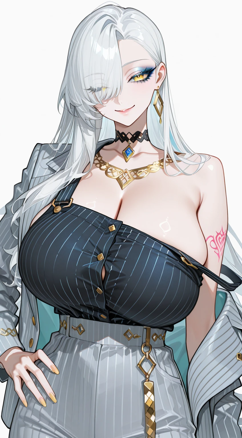 score_9, score_8_up, score_7_up, score_6_up, score_5_up, score_4_up, yu smiling, , detailed face, big silver chandelier earrings, makeup,white skin,sharp jawline ,big earrings,see through crop top,leather skirt,hand gloves,underwear, bracelet, delicate necklace ,big breasts ,blue eyes, garter belt,curvy body