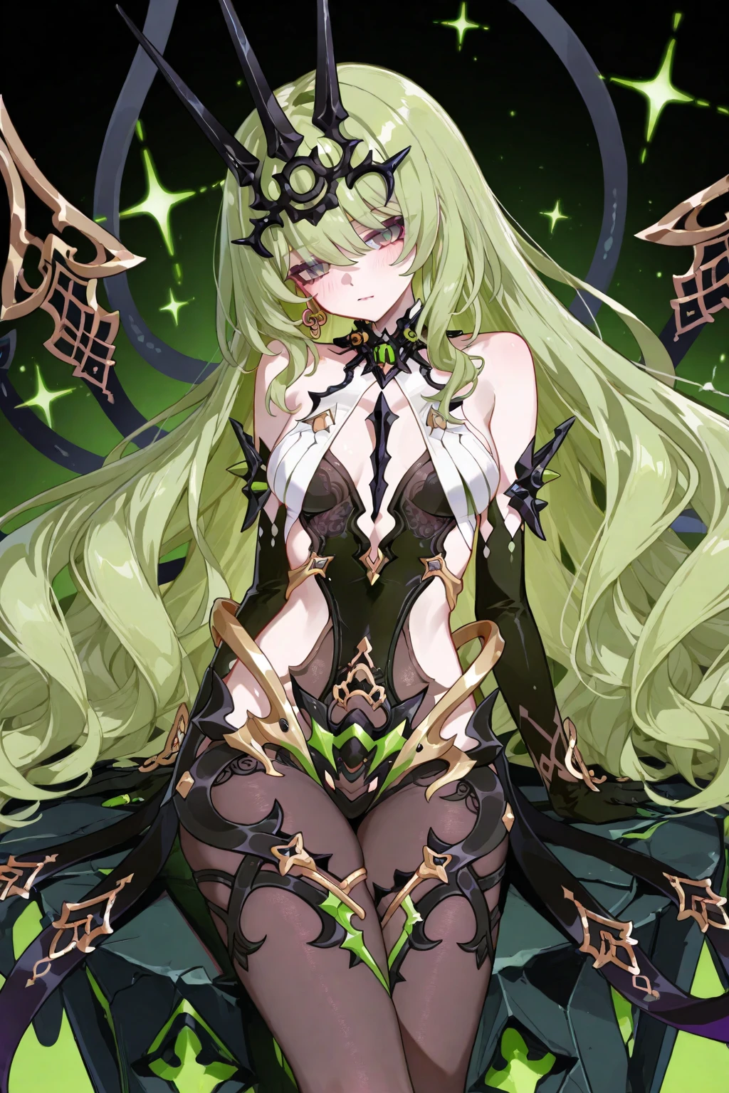 high detail, symmetrical, masterpiece, best quality, detailed eyes, mobius (honkai impact), honkai (series), honkai impact 3rd, 1girl, asymmetrical gloves, bangs, black footwear, black gloves, boots, breasts, claws, cleavage, crown, earrings, elbow gloves, fishnet thighhighs, fishnets, gloves, green hair, hair between eyes, index finger raised, jewelry, long hair, looking at viewer, small breasts, single earring, sleeveless, solo, thigh boots, thighhighs, uneven gloves, same eye colour