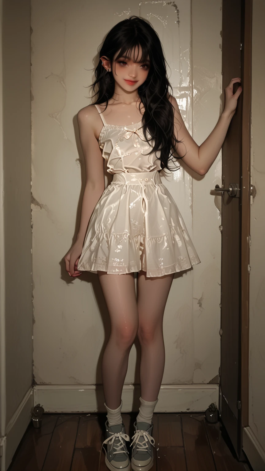 8k,masterpiece,Portrait Photography,Japanese,8-year-old girl,Big eyes,Fine grain,delicate,Extremely small breasts,Neat,Cute outfit,Inside the elevator,Bright spot,The light makes the clothes transparent,Girlish clothes,Summer Dresses,separate,Quite short in length,My belly is visible,Light white clothes,Neat服,Cute earrings,Tank top,Extremely short skirt,Micro Mini Skirt,Micro mini chiffon skirt,Lace hem,Lace on the chest,ribbon,Medium-long hair,Cute Accessories,choker,Cute sandals,Cinematic lighting,Natural smile,Natural pose,Reader model for children's fashion magazine,