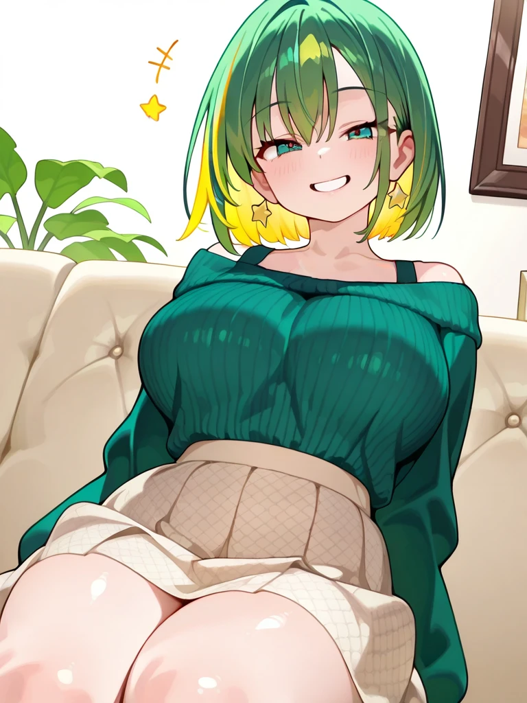 (Large breasts:1.5),Looking at Viewer,((masutepiece)),((Best Quality)),Perfect Anatomy,8K UHD,extra detailed face,gloss and shiny,((1girl in)),((Solo)),(Beautiful detailed eyes:1.5),image perfect,(Upper body:1.1),(Look at the front:1.1),Arms behind,Slim waist,Shiny hair,Standing,Bangs,Green hair,Green eyes,(Semi-long hair:0.7),Smile,turtle neck,Vertical sweater,Indoor room,Skirt,