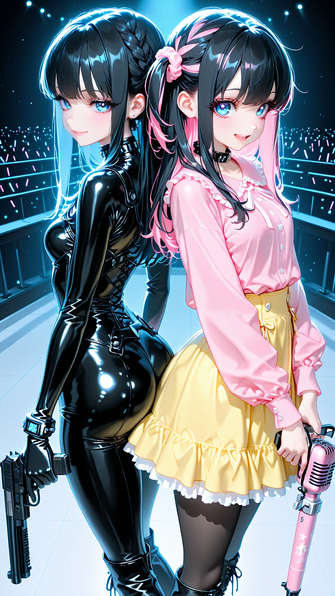 masterpiece+++, (best quality)+, (high resolution)+, (matching outfits)+, (Coordination of twins)+, (two girls in different color costumes)++, couple, (kissing)++, (extremely shiny black latex magical girl costume)+, (pink neon trim)+, (blue neon trim)+, (extremely shiny latexmagical girl costume)+, similar look, matching latex clothes, twinsies, (extremely shiny puffy magical girl costume)+, frill+, (extremely latex skirts)+, (black PVC vinyl panties)+, (evil smile)+, villain+, (dark heroine)+, (perfect female proportions)+, (heart cutout)+, (in city)+, (at night)+, (scenic view)+, (night sky)+,
