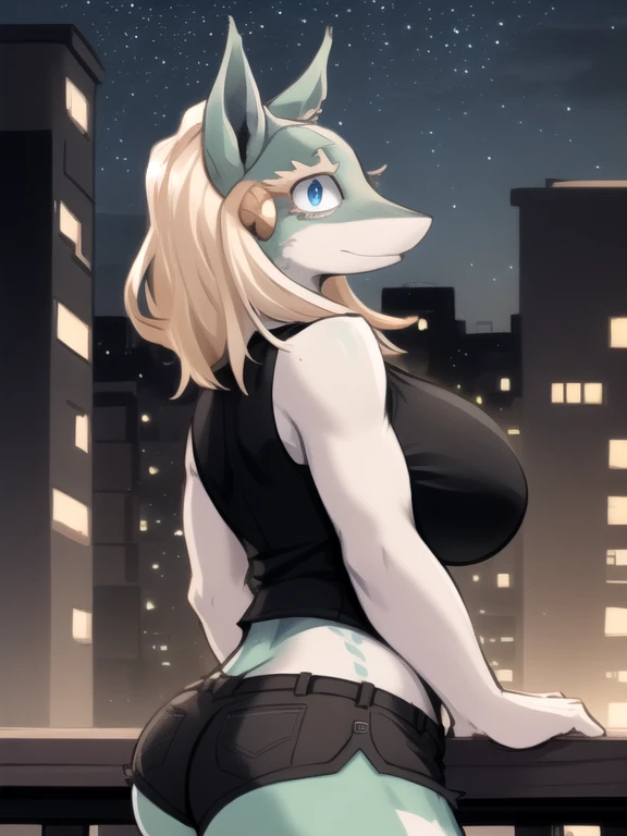 by fluff-kevlar, by Zackary911, by Kenket, by Kilinah, by fluff-kevlar, (masterpiece), (best quality), (anthro furry:1.3, snout:1.2, anthro:1.3, furry:1.2, solo female:1.2), (extremely detailed:1.3), (curvaceous figure, thicc figure), (very muscular), (massive breasts), (massive muscular thighs), (huge butt), (very tall), (nuetral expression), city background, short hair, yellow hair, wolf, yellow eyes, sfw, dark lighting, leaning against wall, blushing slightly, ripped black sports bra, long black shorts, major cleavage, watermelon size breasts, wide hips, massive muscles, small waist, grey fur, clothes squeezing thighs and breasts, hands on breasts