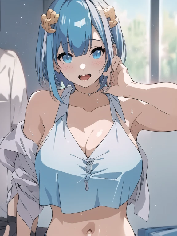 Pieces fly、1 girl(1:2)、Age 25、universe、masterpiece, highest quality, (delicate eyes and face), Volumetric Light, Ray Tracing, Highly detailed CG Unity 8k wallpaper, Remlin, Hair above one eye, Light blue hair between the eyes、short hair、Light blue hair(1:2)、Looking at the audience, Upper Body, Expressionless, Seductive pose,Beautiful crystal eyes(1:1)、Show Eyes、grin and laugh、The art style resembles an attractive anime style. About image quality, priority (highest quality, 4K, 8k, High resolution, Bodyline 1.2), Very detailed, and (Realistic, Realistic, Photorealistic:1.37) ,Yoga poses.Ultra-fine painting, Sharp focus, Physically Based Rendering, Extreme Detail, Professional, Bright colors,There&#39;s the sea behind、Light blue bikini(1:2)、White shirt with a little sheer feel、Plump thighs、Spread your legs wide、Put your hands behind your back、big 、A sea of iridescent fur、Seven colors of the sea(1:2)、deep sea（1:2）
