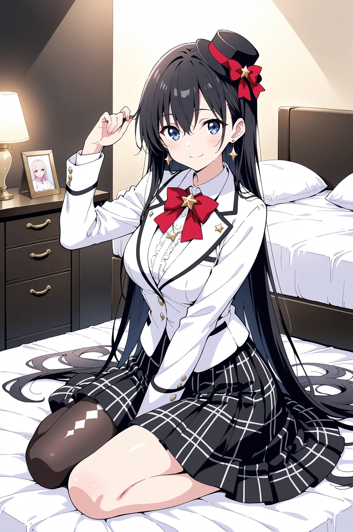 8K Photograph, FULL HDR,1girl, Yukinoshita Yukino, Thicc ass, Laying on bed, long hair , looking at the camera, wearing tight formal clothes, smile, black coat