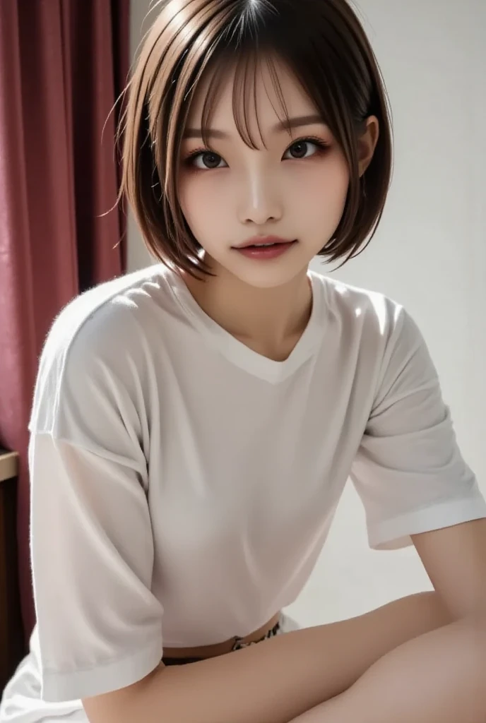 A 14 year old beautiful slim girl, short hair, tomboy hairstyle, big breasts can be seen, wearing very tight pink tshirt.
