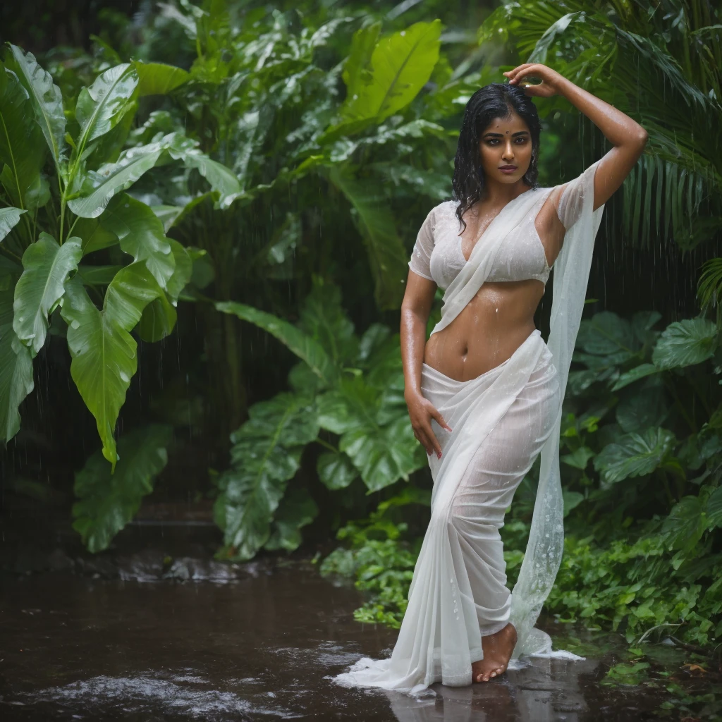 Indian Woman named Priya, 35 year old, waterfall, wet clothes, seated on rock middle of waterfall, forest, her back facing camera, big hot buttocks, side view, white wet transparent (( saree)), big breasts, big cleavage, Detailed eyes, Detailed pupil, Volumetric lighting, Ultra-detail, Unity 8k Wallpaper, Ultra-detail, Aesthetic, masutepiece, Best Quality, Photorealistic
