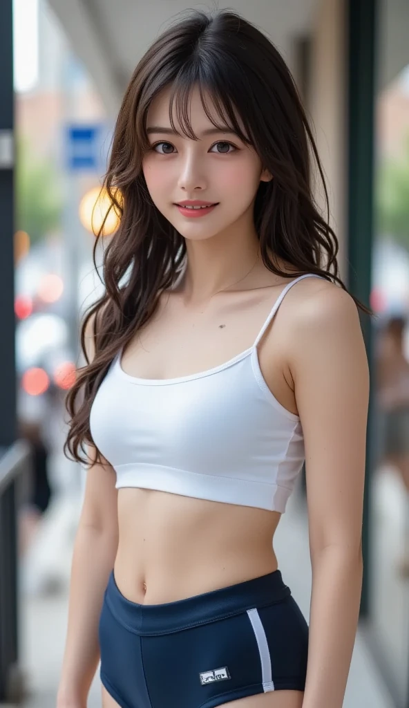 close-up of beautiful korean female, 34 inch breasts size, wearing crop top tied waist, against the mirror wall shop, uhd