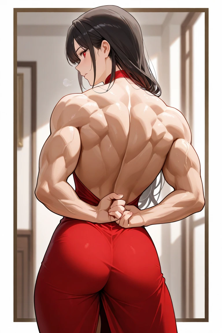 Type: Digital Art Style: Anime Style Color: Predominantly red with black and white contrasts, Eye color: Bright crimson red, with luminous reflections. Hair color Black with red highlights, Hairstyle: Long with twintails, adorned with traditional red and gold hair ornamentischievous and playful smile with a touch of mischief))), muscular, sadistic legs, (((scene of beach))), Standing, (full body photo), well manicured nails, red nails, ((back to me showing me her big ass))), (((wearing a very short and sexy bikini) )), HD