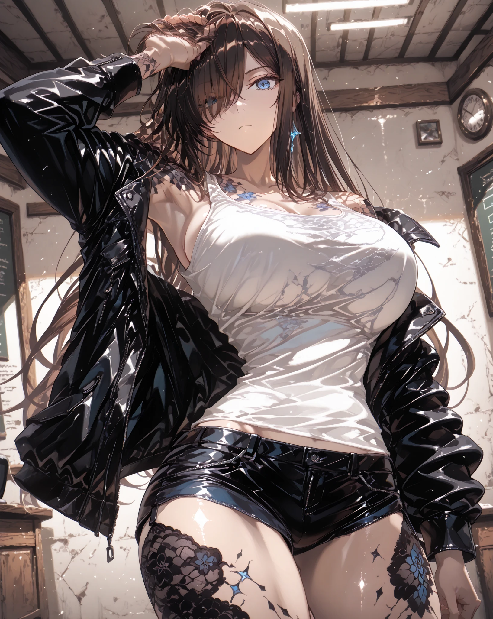 (masterpiece, top quality:1.2), (masterpiece, top quality:1.2), (1girl),((long hair)), ((dark brown hair)), (straight hair),  (hair on one eye), (Hair covering right eye),  (BLUE EYES),  Highly detailed, textured skin, simple background, (Beautiful and fantastic effect), ((detailed face)), Natural Light, (grayscale), thighs,Straight Long，Armpit，white tank top，hotpants，standing in the teacher's house、black jacket