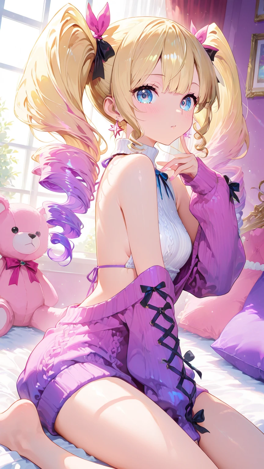 Blond girl with all back hair longer tied on top of head with a big purple ribbon. Wearing a pink knee longer dress with lot of ribbon and heart print on. Her sock stop at knee and have little cute bunny head on top and heart motif everywhere. She have pink polish shoes with bow on each. She also smile having a pacifier in mouth. Like underwear she have a already use very thick diaper