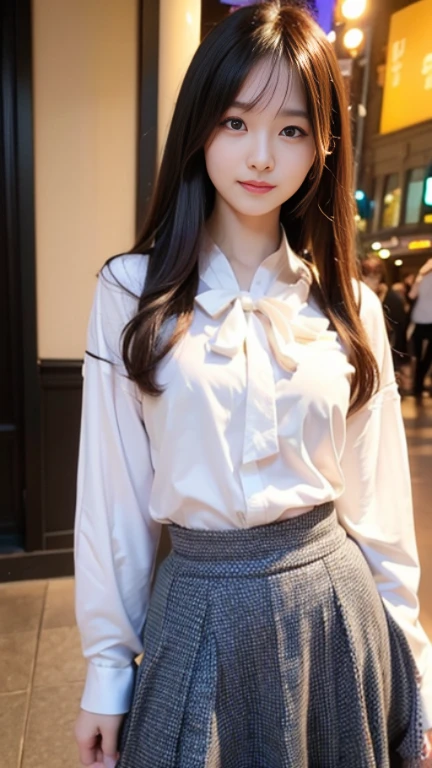 master piece , best quality , detailed , blouse , skirt , sitting , (from front) , bed room , indoor, Shiny platinum blonde silk super long straight hair, beautiful shiny bangs, big clear sky blue eyes, very beautiful bright eye highlights, Embarrassing, Blushing