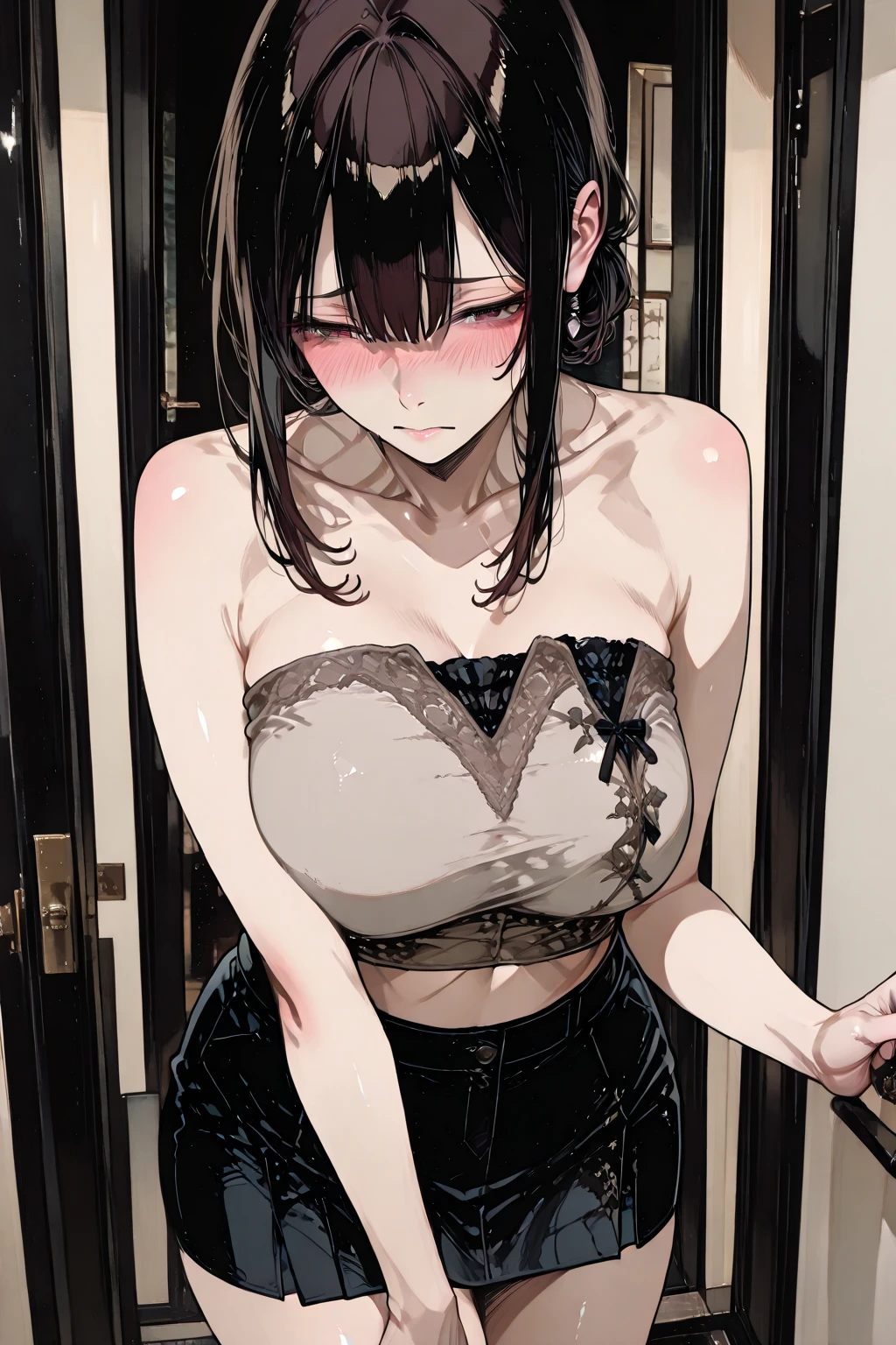 nude beautiful girl black hair short blush shy