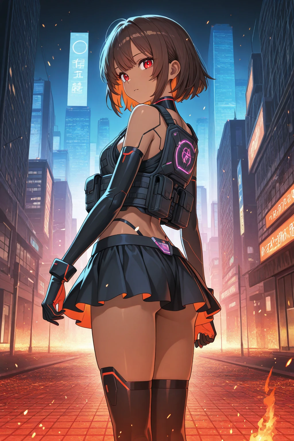 cyberpunk city landscape Nyonix, cyberpunk sexy anime girl Wearing a short skirt,Red Panties,posing from behind in metropolis with a rebellious spirit. Her hair seemed to dance under neon lights, The color changes with each heartbeat. Her costume is a fusion of wires, circuit, and urban fashion, Decorated with neon signs,Twinkle like a city light. Nyonix exudes an aura of technical prowess, As if she could invade the cities around her. In her presence, Cyberpunk cityscapes come to life, The holographic billboard changes to show her message,The air was filled with mechanical hums and slogans of protest, Detailed Features, Detailed Face, Detailed Hands --niji 5 --s 750