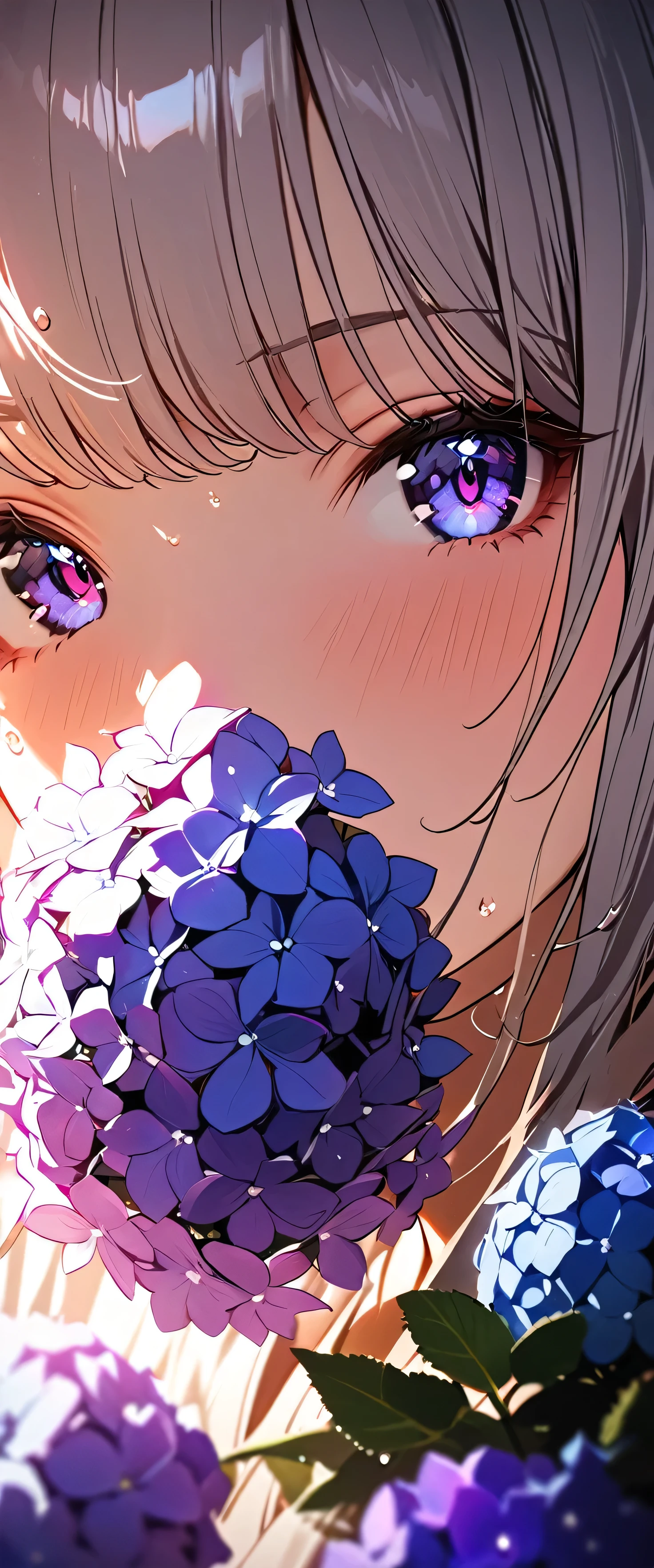 (beautiful girl: 1.3),1girl,masterpiece, Highest quality, Ultra-high resolution,Rich contrast,super high quality,8k,Highly detailed CG unit wallpaper,texture,Unbelievably absurd,Ultra-high resolution,RAW Photos,Depth of Field 1.2,(close up:1.3),(Beautiful and detailed kimono),Very fine eye,bigeyes,Droopy eyes,White skin,Long Hair,Hydrangea,after the rain,Warm Lighting,happy,Open your mouth wide