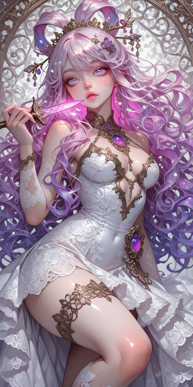 (Masterpiece, Best Quality, Best Quality, Official Art, Beautiful and Aesthetic, One Girl,:1.2), (Solo)), Tattoo, Multiple Piercings, ((Long Pink Hair)), Very Beautiful Face, Jewelry Ruby Eyes, Bangs, Glossy Hair, Bewitching, White Chiffon Top, Skinny Jeans, White High Heel Sandals, Solo, Pointed Ears, Holding a Sword, Cool,Masterpiece Background, Delicate drawing, wide angle,fh ,4k wallpaper, --auto --s2