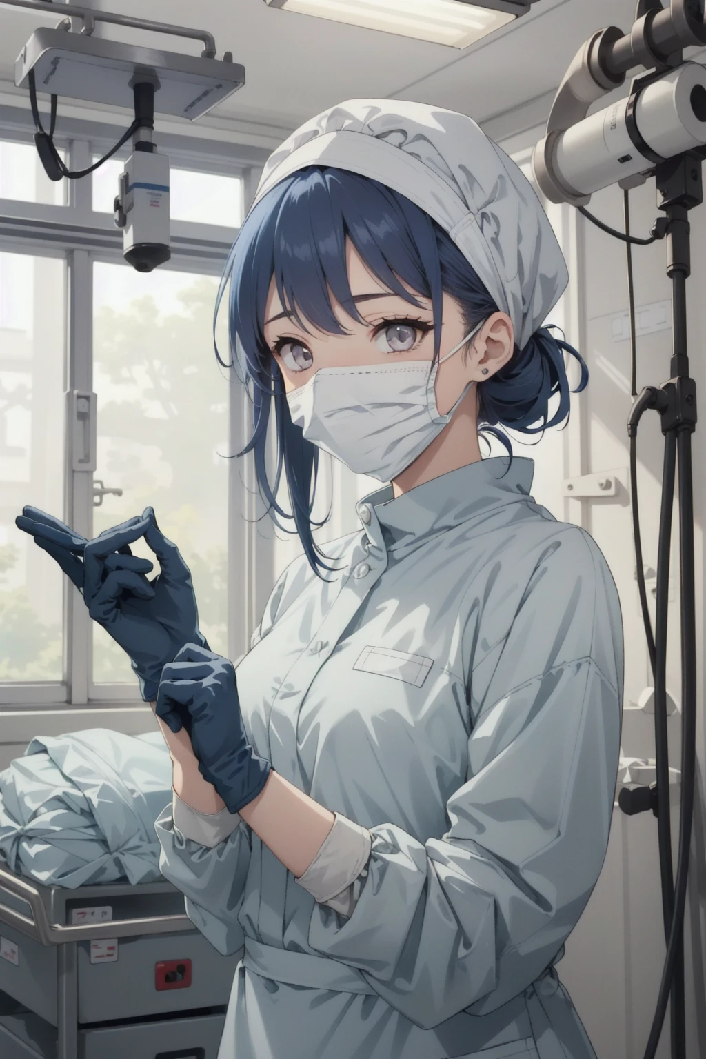 rikka,takarada rikka,bangs, long hair, black hair, blue eyes, thick thighs, solo, nurse, ((white nurse cap, white nurse's outfit)), ((white legwear, zettai ryouiki)), white gloves, ((white surgical mask, covered nose)), standing, hospital room, sharp outline, short sleeves, best quality, masterpiece