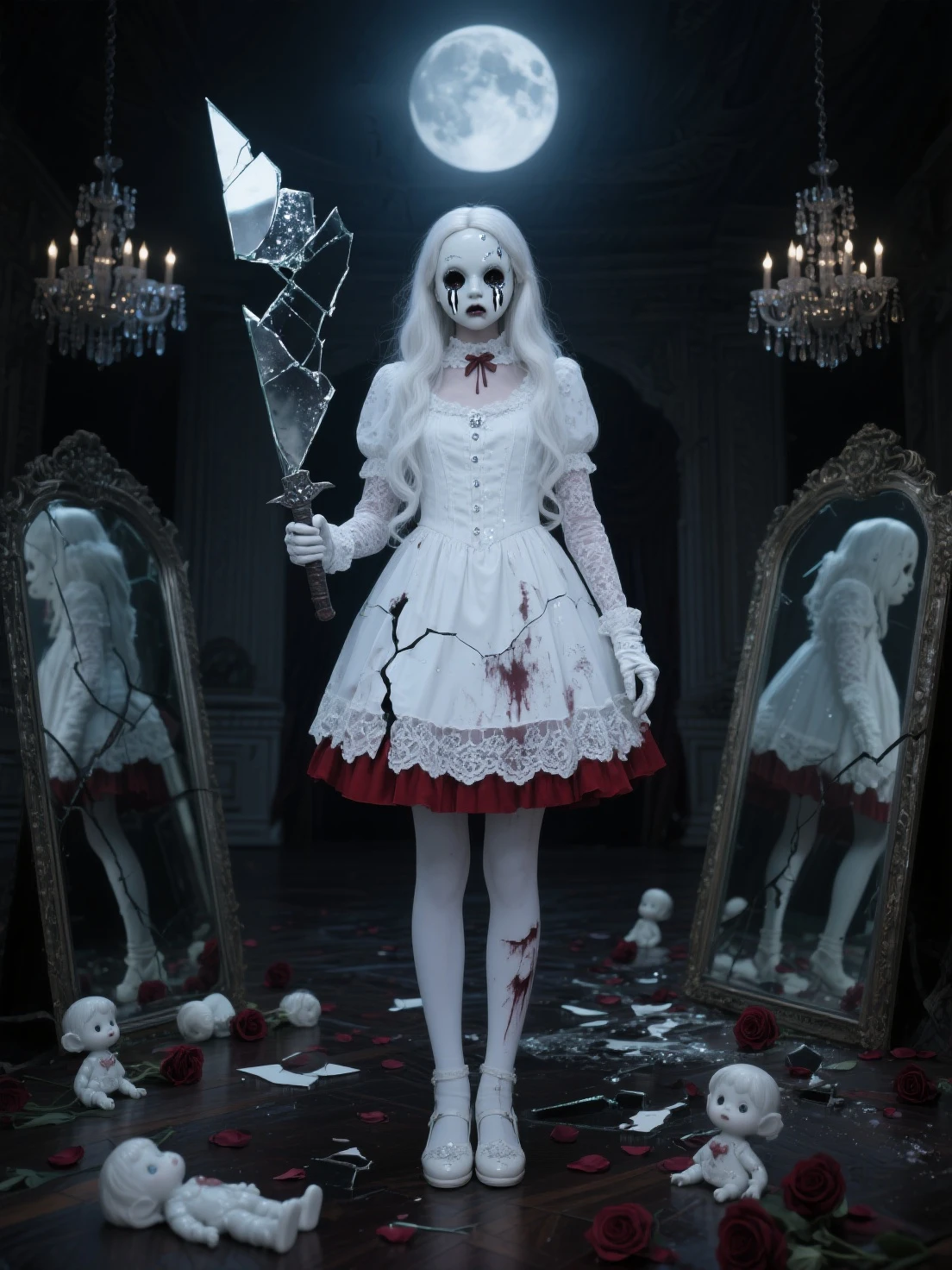 (8K, best quality: 1.2), (masterpiece: 1.37), (photorealistic: 1.37), (ultra-high resolution), 3D model, standing on the table, 3D figure, realism, anime style figures, ((anime girl)), (chibi fiugrka) 1girl, model, white dress, white eyes, white hair, big eyelashes, white eyelashes, red lips, dull face, full-length figure, ((blade of blood)), (blood), ((blood dripping)), background table, figurine standing on the table
