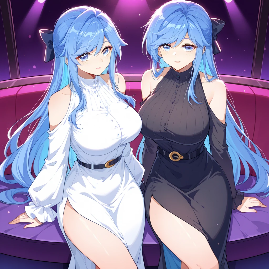 Two girls standing in the park at night，Clear sky in the background. Park benches and soft lighting, Rear photo, (Side photography), looking back at the viewer, (Masterpiece), ((Ultra-detailed)), (Highly detailed), (Expressionless), (Best quality: 1.2), 8K, hdr, A high resolution, absurderes: 1.2, Object perspective, Blurred background, Bokeh: 1.1, Lens flare, (vivd colour: 1.2), High quality texture, Detailed texture, High-quality lighting and shadows, a face with perfect proportion, full bodyesbian, Mature and excited body, Detailed skin texture, vibrant, pale and radiant skin, natural saggy breasts, gigantic bosom: 1.5, High waist, Narrow waist: 1.3, Wide hips, Full buttocks, Detailed beautiful face, (PureErosFace_V1:1.3)(Ulzzang-6500:0.4) Detailed beautiful eyes, Symmetrical eyes, Perfect eyes, Seductive eyes, Beautiful nose, High nose, Clear blush, Detailed lips, Earrings, hoop earings, necklace, jewelry, Sapphire heart necklace, Silver-toned high-heeled sandals, Seductive expression, Smile, Perfect hands, Delicate and beautiful fingers, Detailed beautiful legs, photo-realistic hair, detailed hairs, (Silver dress, Red dress, Blue dress), Chisato Nishiki, Long hair, Blonde hair, (Red eyes: 1.5), Hair ribbon, Bob cut, Red hair ribbon,)，gigantic cleavage breasts，Japan goddess，