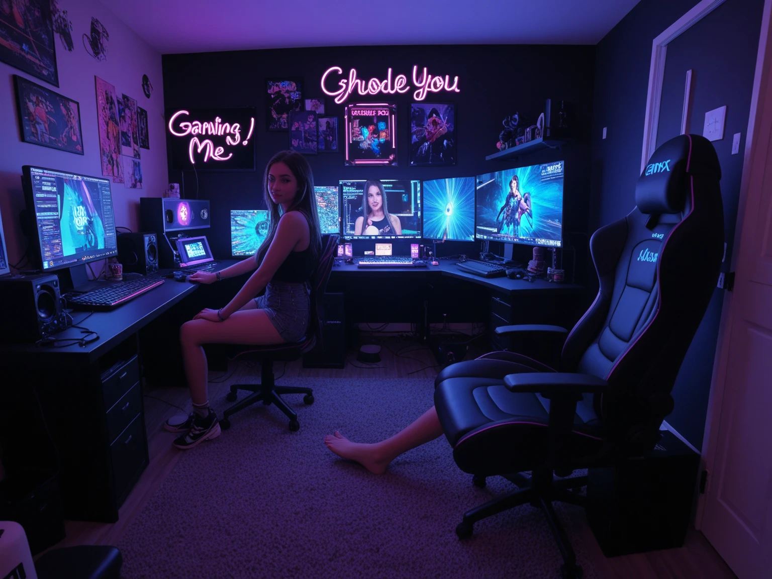 Score_9, score_8_up, score_7_up, Pink Game room, realistic, pink, led lights, blue accents, naked girl gaming and rides a dildo,, headset, computer, cute accents, cute decorations, plants, keyboard, computer mouse, pink sofa, pink cushions, cactuses, pink wallpaper, rear view, full body,