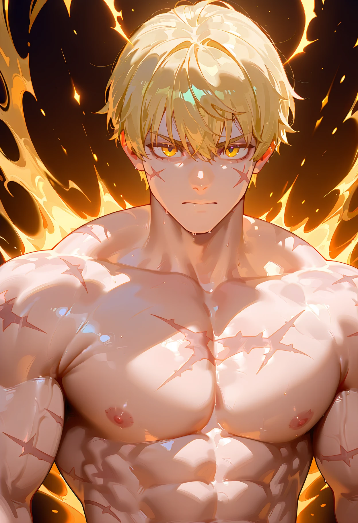 masterpiece, Top quality, 16k uhd, Stand, 1 male fire genasi with orange skin, Fire Wizard, no top, Free upper body, Six-pack muscles, muscular physique, elegant black trousers, fiery burning flame hair, Fire Mage, a swirling fireball hovers above his left hand, Magical setting, Confident Pose, devilish smile. highly detailed facial and skin texture, detailled eyes, square eyebrows, Amber eyes with sparks, Fine facial features, chiseled jawline, Shiny orange skin with smoky undertones