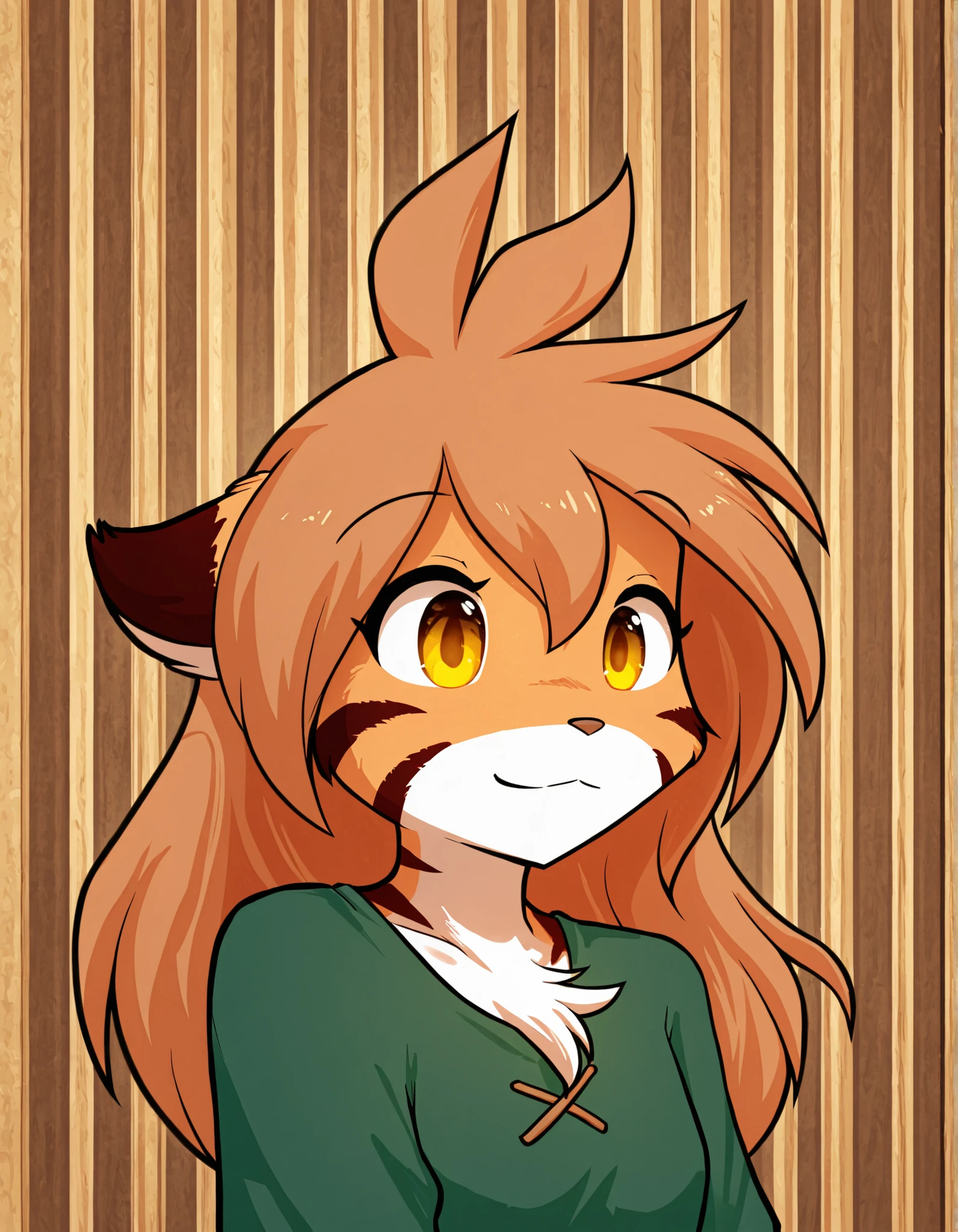 nakastyle,, masterpiece, best quality, very aesthetic, 1girl,, furry, solo, flora-twokinds, flora_twokinds,, tiger, striped fur, keidran, yellow eyes, anthro, runesword,, green shirt