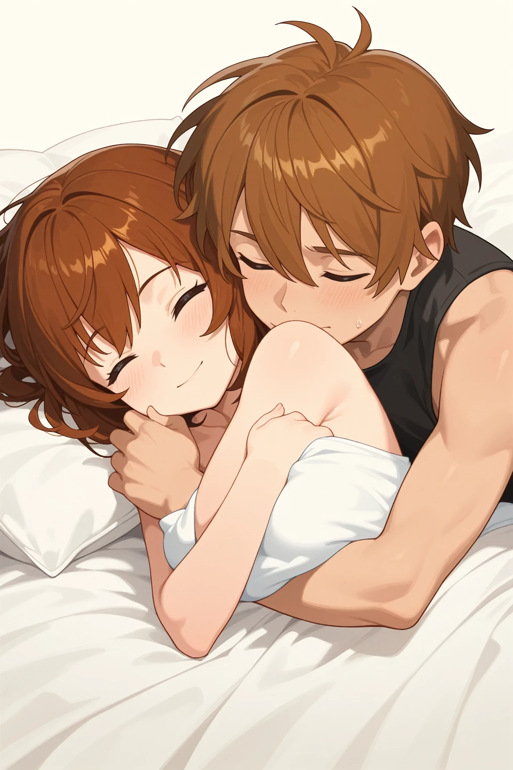 Highest quality, High resolution, masterpiece, (Beautiful Eyes), (Fine grain), Detailed face, kumiko oumae, Brown eyes, Brown Hair, short hair, Wavy Hair, smile, blush, indoor, bedroom, White bed, View your viewers, (Wide pelvis:1.5), (Big Ass), (Nipples), (Completely naked:1.5), (Thick thighs), (１０year old small boy), (Boy sucking breast:1.5), nsfw
