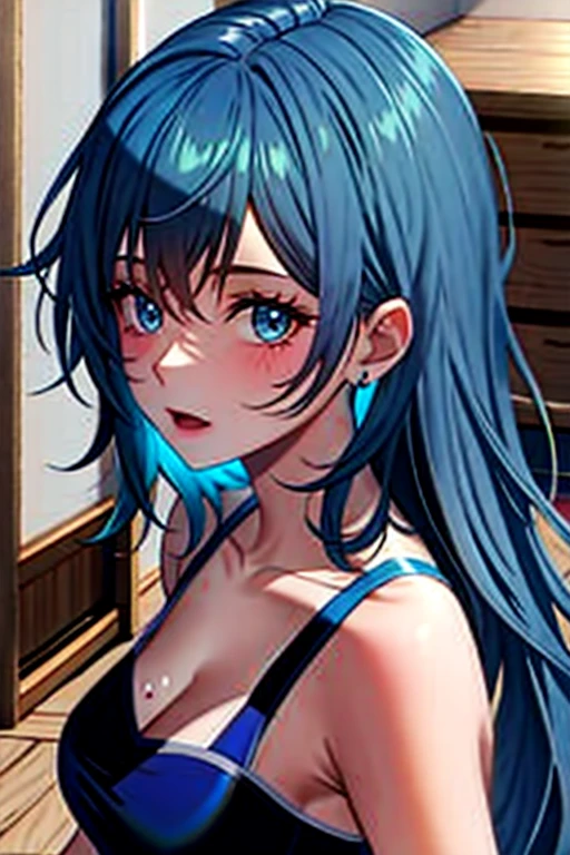 top-quality、supreme1People Girls,hightquality,A detailed face、A detailed eye、Detailed nose、Detailed mouth、 Beautiful expression, ((masuter piece)), ((High resolution)), ((Best Quality)), detail, (NSFW:1.4 ,Ecstatic,cum on), ((Skin shiny with sweat))、 girl with, blue hairs, (Long straight hair)、Soak in a large tub:1.3、(Hide your chest with a towel)、fair white skin:1.3、、large full breasts, cinmatic lighting, perfectly shaded,(((浴室))), Realistic lighting with shades,Reflecting the whole body