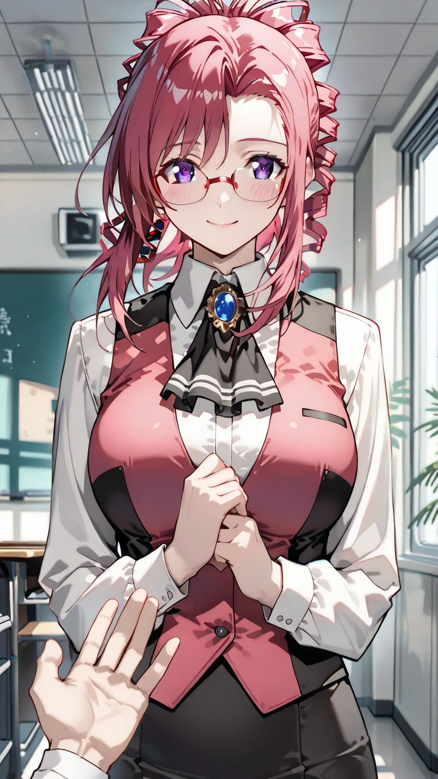 Masterpiece, Best Quality, 1 girl,(giant breasts), (Caofras anchas),(thick thighs), dark purple skirt, dark purple blazer, White shirt, Red tie, jumping, dynamic pose,(Feast_blush:1.6),(blush:1.2), happy, happy, park, pink Hair, grein Look likes, cintura oflgada, Hair ornaminto, flower ornaminto, Feast_flower, twin_Hair_ornamintos, Hair_ornaminto_in_both_sides_of_He_head, Feast_Look like, Feast, long Hair, extremely long Hair, beautiful, oftallada, wet, erotica, sexy