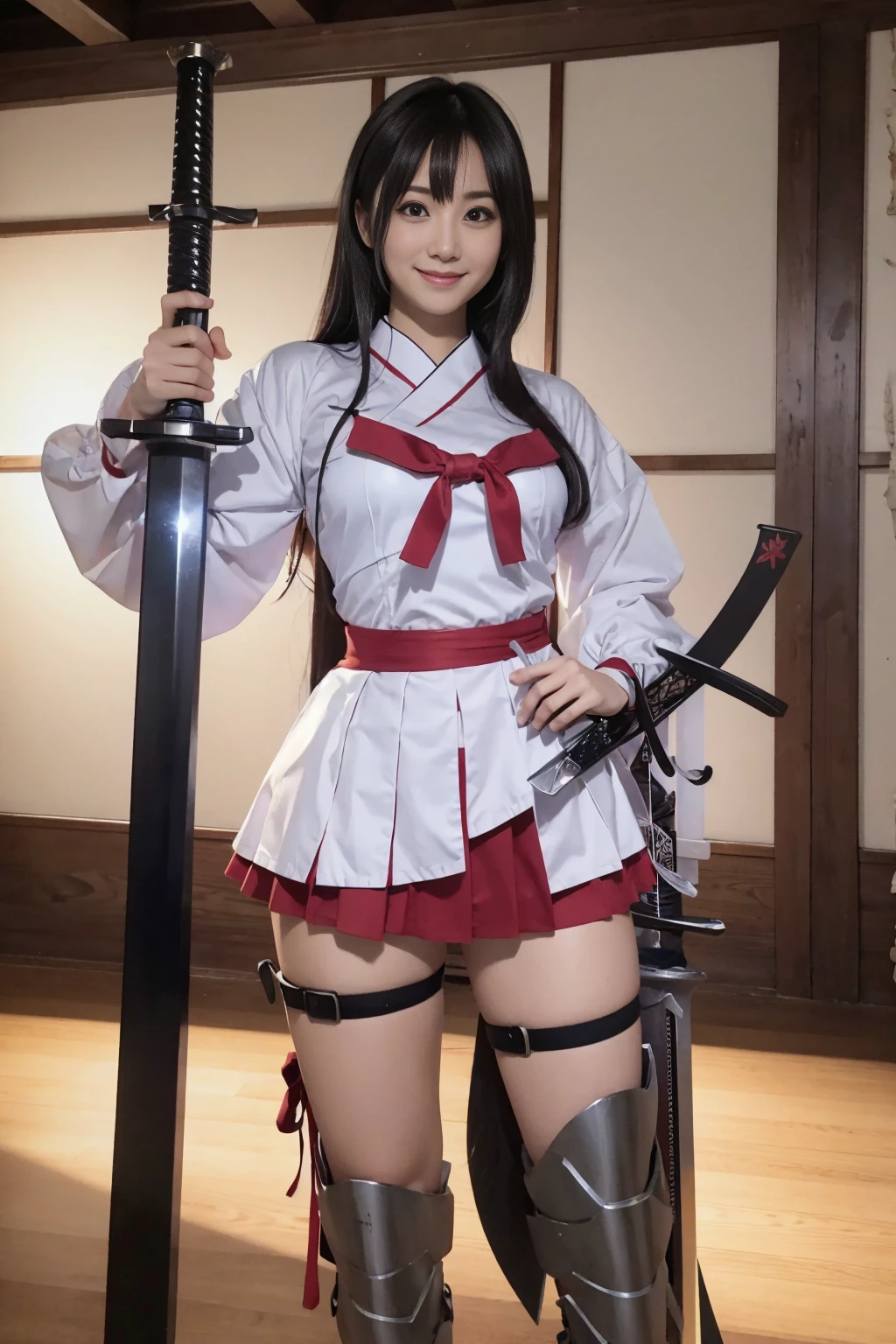 Female Landlord,Naotora Ii,Female generals,Ponytail beauty,Holding a naginata,Wearing stylish red armor,Wearing a red skirt,Crouching,Panty shot,One leg raised,Wearing leg armor,Wearing two belts around his waist