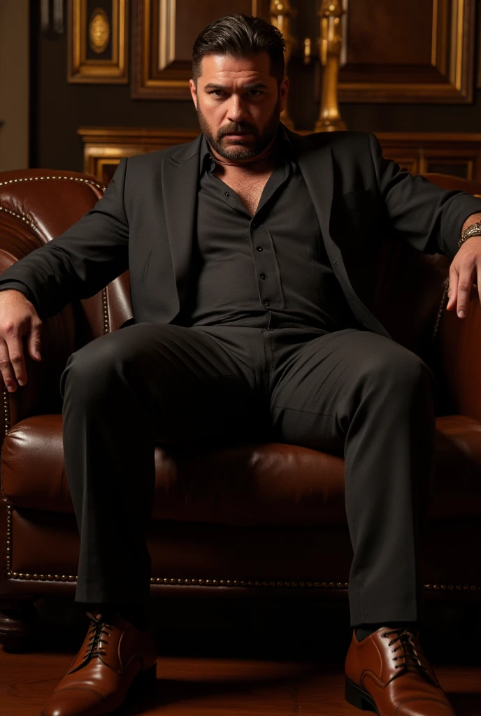 RAW photo, full body, a 35-year-old man, ((dressed as a bouncer)), is sitting on a guest sofa, looking towards the audience, wearing shoes, with both hands forward on his knees, straight forward position,