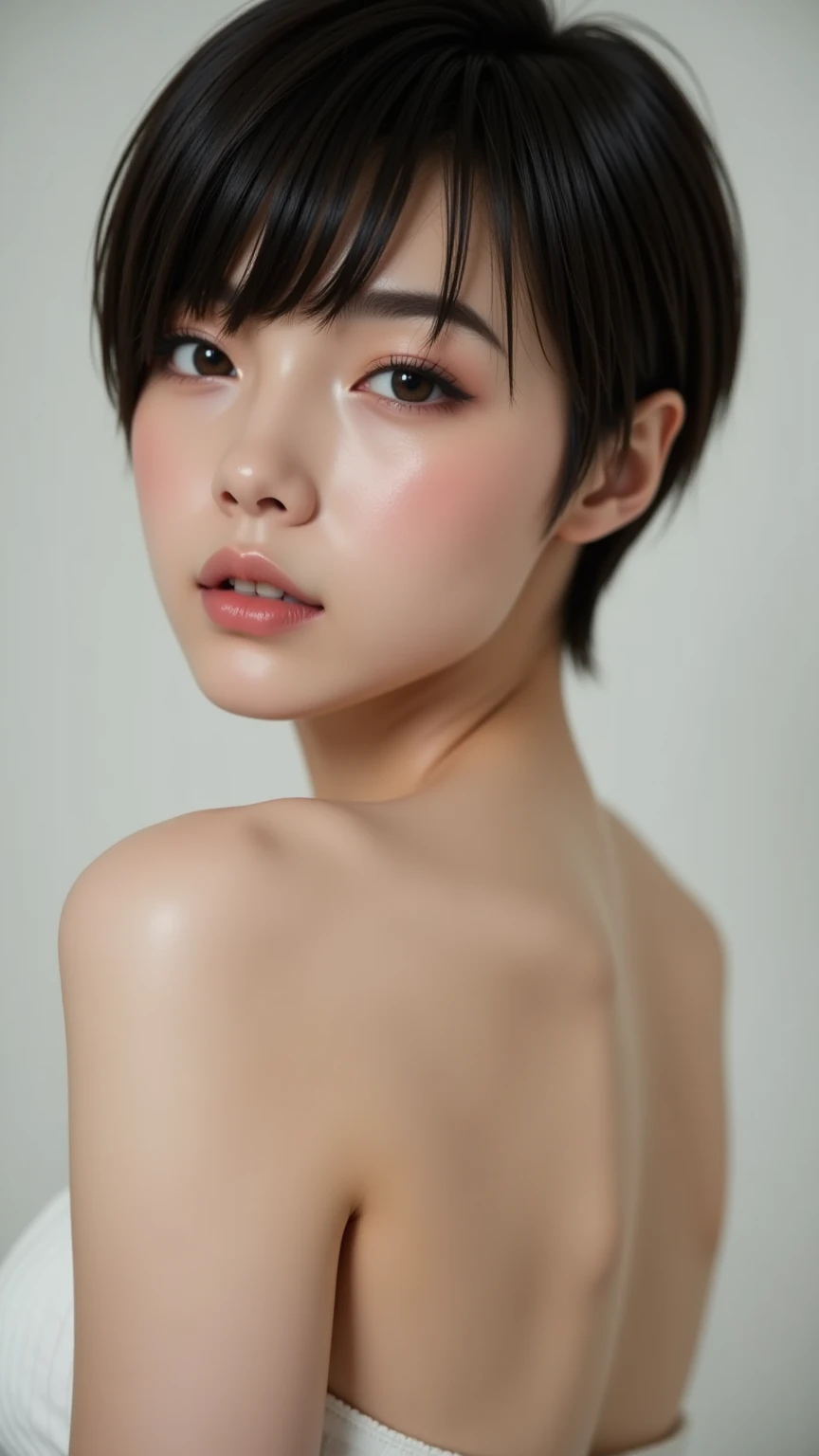 (NSFW), beautiful girl, brown eyes, ((beautiful slim teenage girl 18 year old, hair color [Brown highlights hair], [undercut pixie] hair)), ((big tits)), lips, realistic, ((skinny body)), charming, pink lipstick, colorful makeup, long eyelashes, wearing eyeliner, fair skin, (cute), (detailed face), detailed eyes, detailed iris, complete naked, complete closed mouth,