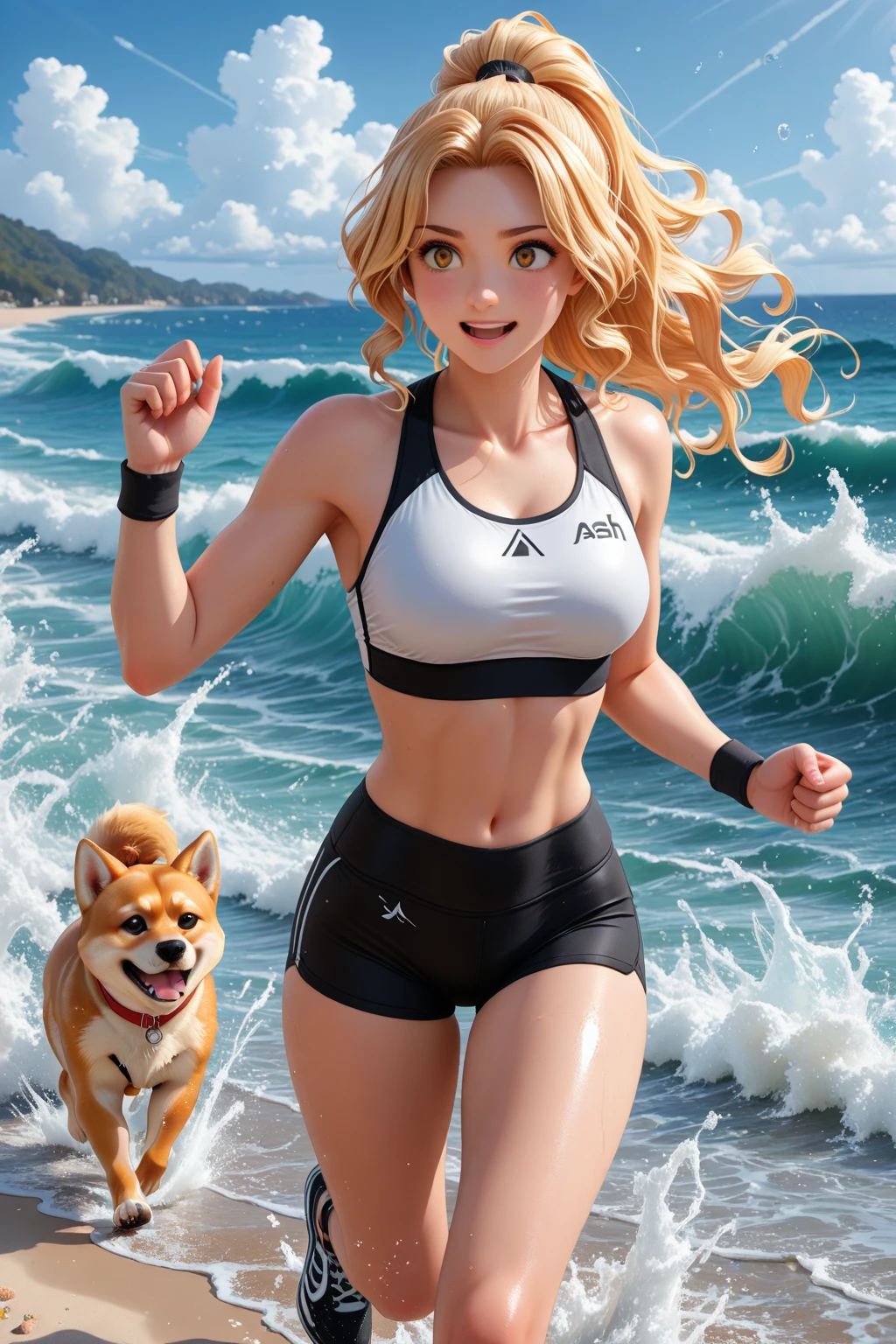 18 year old girl playing with dog on outdoor track, grain fields, trees, dog, girl standing, sunrise, early morning, border collie, happy face, sporty, sports bra, leggings, frisbee, sweaty, super skinny, very detailed, detailed face, blonde hair, rachel cook, long torso, dark tanned skin, barefoot, necklace