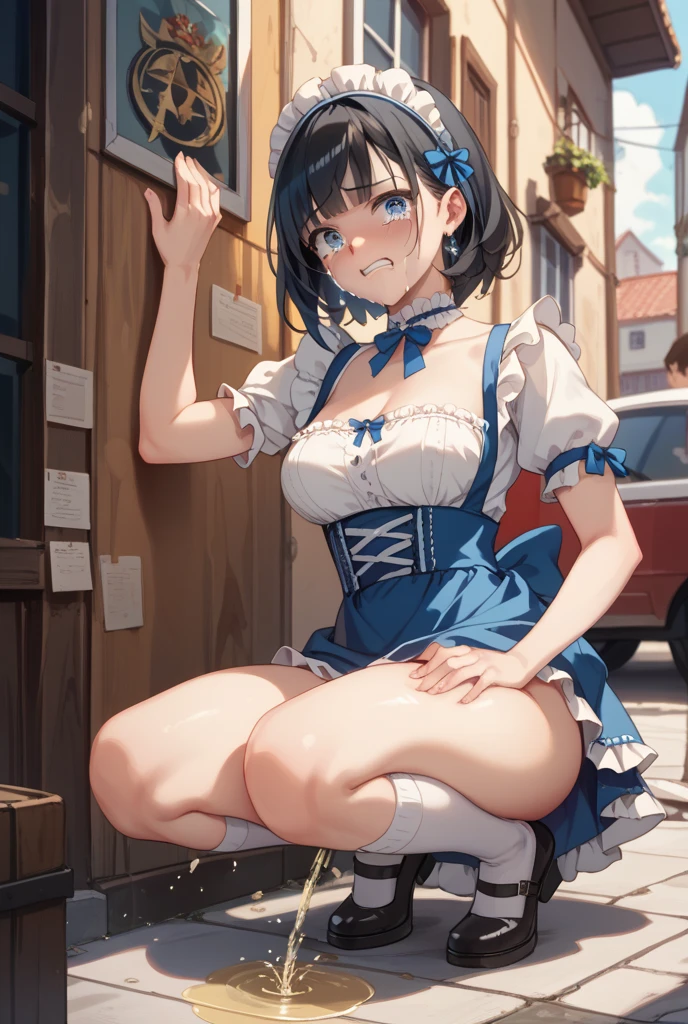 masterpiece, highest quality, Absurd, Perfect Anatomy, Beautiful background, Beautiful Face, Beautiful Eyes, Beautiful body, 1people々々 girl,(noodles)、from the front、Portraiture、 Twin tails、Brown Hair,blush、{chest、Nipples}、Blue lace bra、smile、AKB48 Idol Costume、Sitting on the steps of the station、Skirt with hands on knees、Blue lace panties、Knee-high boots