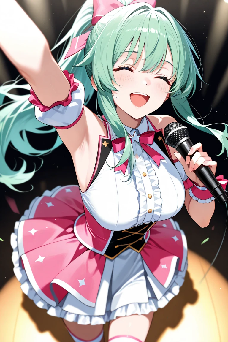 (during daytime:1.5) ,(8 year old girl singing:1.2),long sleeve santa costume,a miniskirt,Green Hair Anime Girl,(Twin-tailed:1.1),Streets of Akihabara,small tits