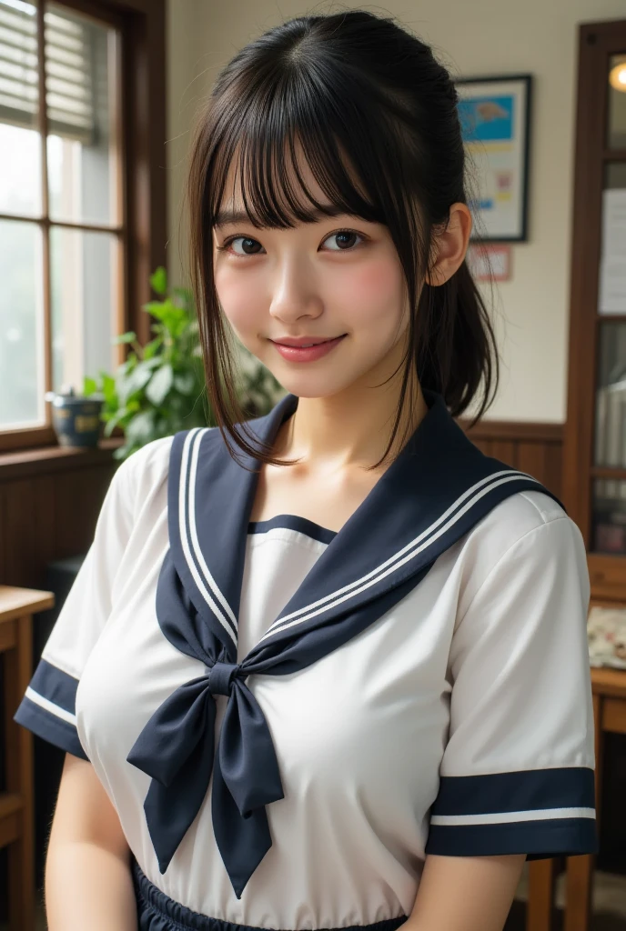 Sailor suit, One Woman, (Beautiful woman, delicate :1.3), Black Hair, Bobcut, bangs, (8k), (highest quality: 1.2), (Realistic), (Realistic: 1.37), (masterpiece), (Ultra-high resolution), (RAW Photos), (Absolute Resolution), (((face is small compared to body: 1.4))), (((Small face:1.4))), A balanced face, (Small Mouth: 1.4), ((Slim female body: 1.4)), Black Hair, (((All navy blue long sleeve Sailor suit))), realistic high school girl, (((White headband))), Small breasts, Slanted Eyes, Bright Blue Eyes, (Cafe on the open terrace), Open your mouth, smile, Blurred, upper body,