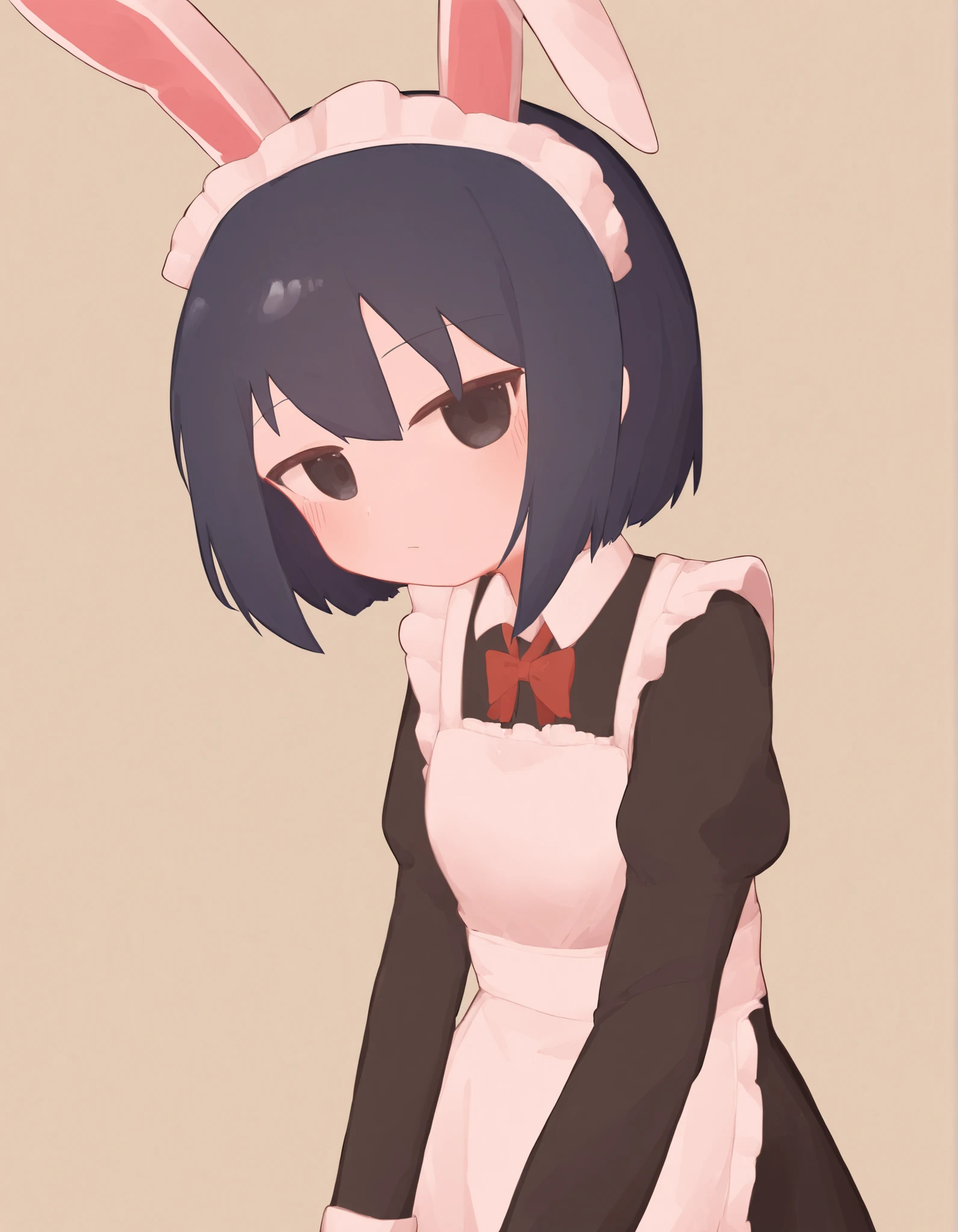 nakastyle,, one woman、solo, Maya Hell,black eyes,dark hair,bob cut,Maid Outfit、White Apron、White Headdress、 with rabbit ears、cafe