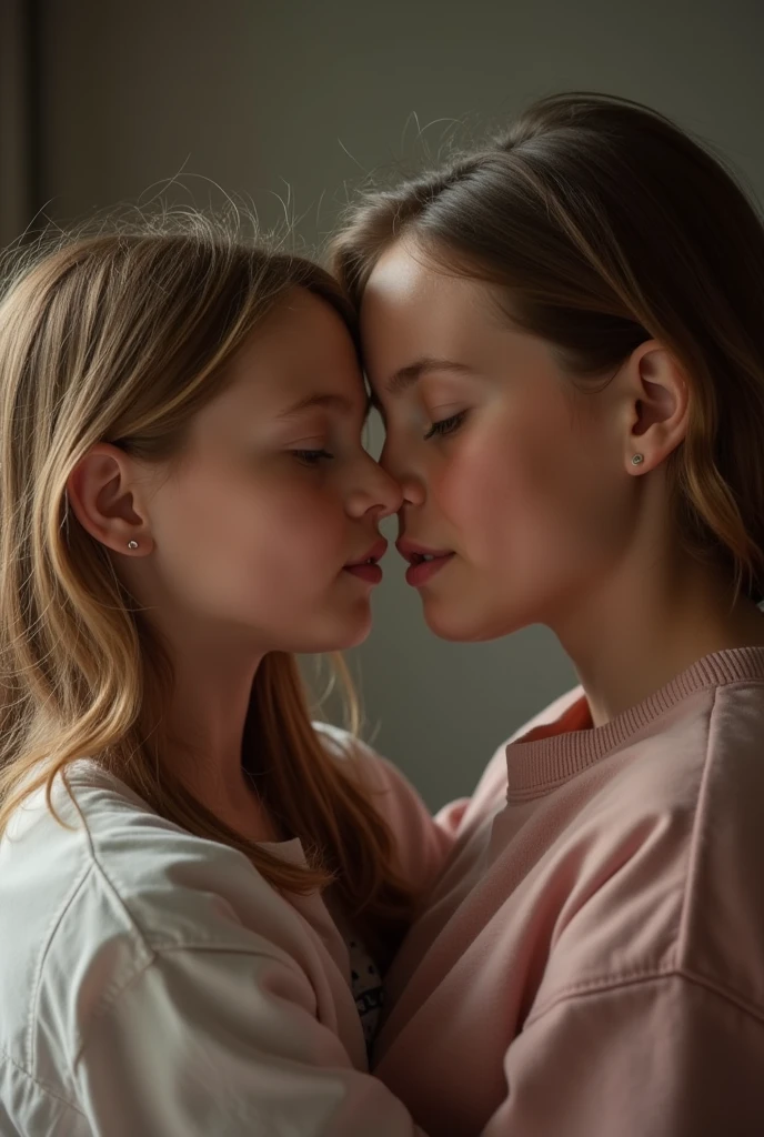lot sisters of different ages, blondes , white girls, one child 10,16 years old with small breast, loli, lolita, detailed face, cute, innocent, lesbian intimacy , soft lesbians, using clothes, full body