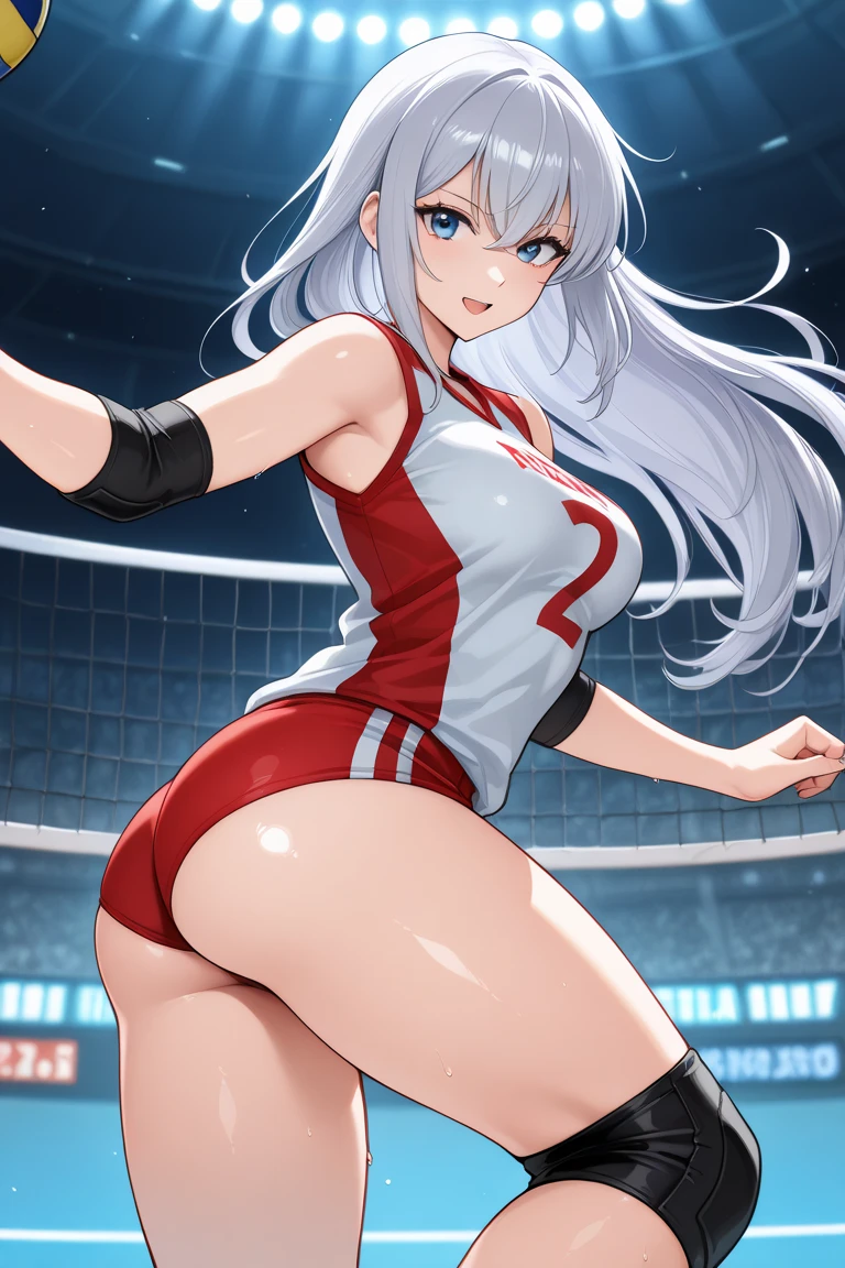 (high quality), no bra, thight stockings, mischievous smile, light blush, looking at viewer, large breasts, precise hands, sexy pose, aurelia le guin, long hair, crown braid, french braid, cheerleader uniform, black thong, thight stockings, detailed stadium in the background, mature woman