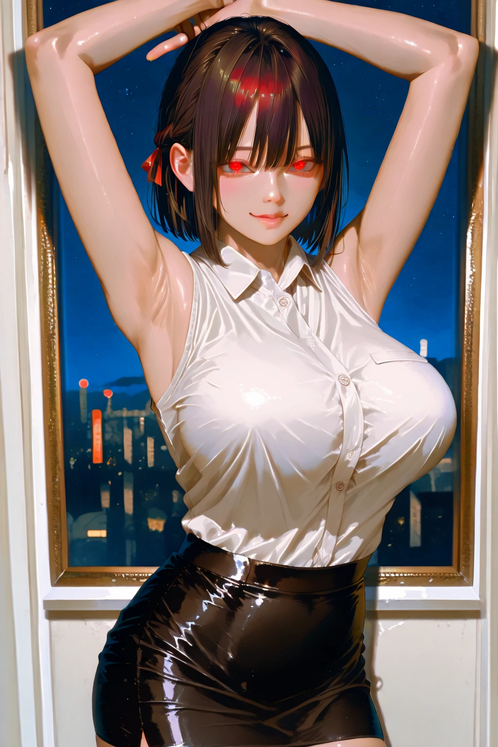 Butt sticking out(((夕焼け 夕焼け強調 後ろ向き やや巨尻強調 Butt sticking out、Upper body photo))) ((((Different sexy poses)))))美丽的面容, Highly detailed face and skin texture, (Fine wrinkled eyes, Double eyelids, Thin eyebrows, Glitter Eyeliner: 1.2, Natural cheeks, Shiny skin, Fair skin, (((Red tight dress miniskirt full body white fishnet tights))), Glitter necklace and earrings, (shiny lips: 1. 4), (Seductive smile), (15 years old), (Black Hair Bob Hair, oblique bangs), Short hair, , ((upperbody shot)), ((Focus on chest and face)), medium large breasts, upturned breasts.(((The background is a slightly sepia-toned cityscape.................................)))