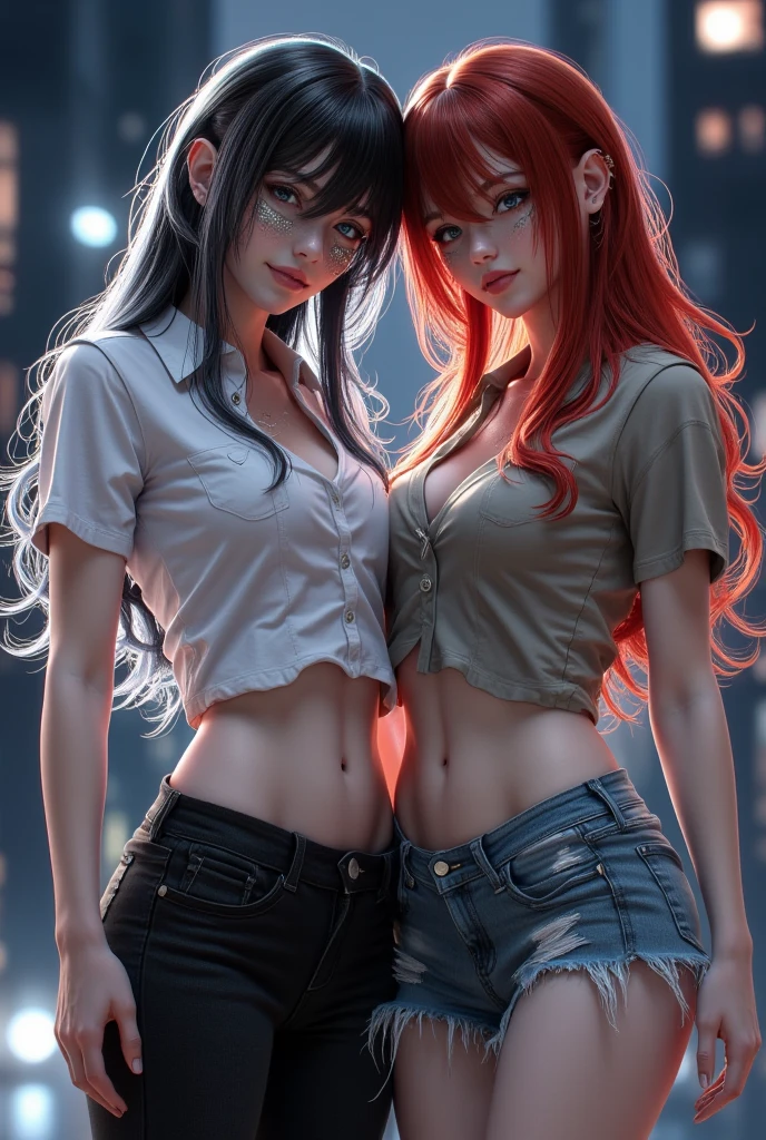 A captivating anime illustration of two stylish college-aged yandere women. The first woman has long, black hair that falls gracefully past her shoulders, adorned with a black and red hair clip. She is naked . Her eyes are a piercing red, showcasing her intense emotions. The second woman has shoulder-length blonde hair with a side fringe, styled with a red bow. She is naked too . Like her companion, her eyes are also a striking red hue. The background is cinematic, with a vibrant cityscape and a deep purple sky, emphasizing the dramatic and intense atmosphere of the scene., cinematic, illustration, anime