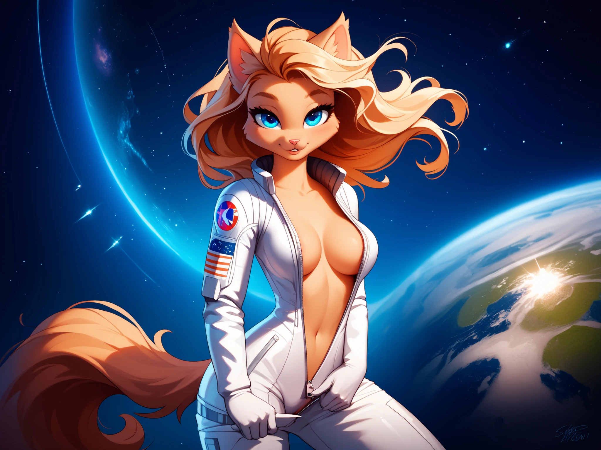 cute anthro cat girl with long blond hair and blue eyes, medium breasts, skinny, swishing tail, wearing a sexy spacesuit, sexy pose, bedroom eyes, very detailed, floating on space station in outer space, spaceship nearby, planet in the background, stars, floating hair, floating breasts, unzipping spacesuit, undressing, pulling down zipper, absolute cleavage