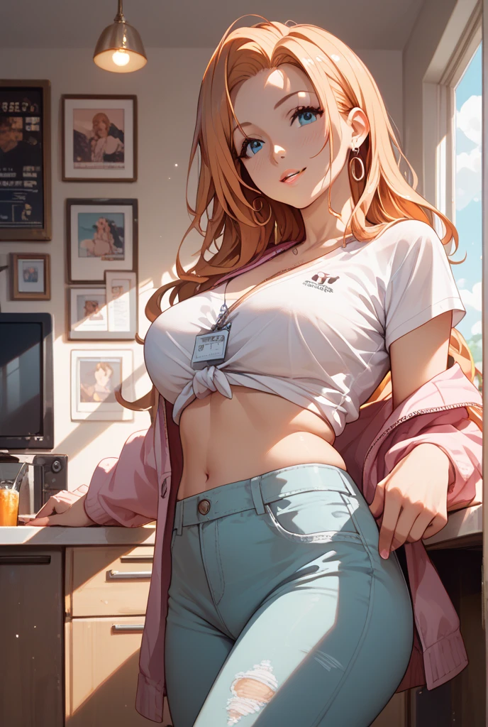 (SFW), masterpiece, best quality, highres 64k, professional artwork, famous artwork, clean, cinematic lighting, beautiful eyes + detail, beautiful hair + detail, (cute young female body:1.4), (cute small breasts), lactation, happy:1.3, smile:1.3, sexy looking at the viewer, sexy lips, floating hair,Anosillus ii, ((tfg1:1.5)), indoors, doorway, door open, from above