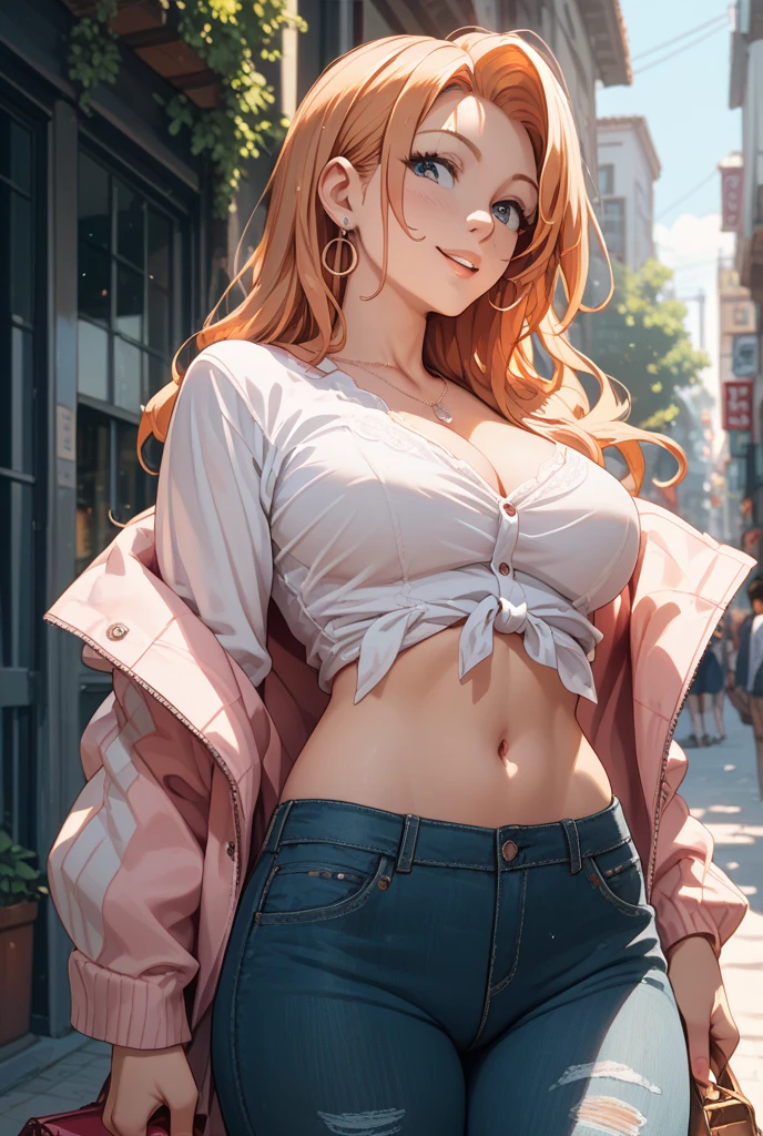Girl，naked，outside，See-through sweater，whole body，Belly button，Short hair in twin tails，Wide forehead，Showing underboob，Off the shoulder，Her nipples are visible，crowd，Surrounded，Suck on your pants，naked，genital