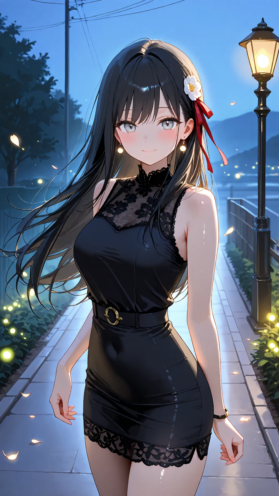 1shot,((perfect anatomy:1.2,realistic:1.3,RAW Photography:1.3,masterpiece、highest quality、Ultra - High resolution、High resolution、Highly detailed CG、8K)),cowboy shot,1 female,solo、25 year old beauty,Japanese,((beautiful detailed face and eyes:1.3,big gorgeous eyes:1.3,gray eyes)),black hair,long hair,straight hair,blunt bangs,blush,((medium breasts, ideal ratio body proportions:1.5,small head:1.5,slender body,skinny)),((sweat:1.3)),(gleaming skin,shiny skin),(ninja uniform:1.3,Black kimono、Sleeveless、Black mini skirt、Deep slit、barefoot)、Port warehouse district、container、Outdoor、at night、moonlight、