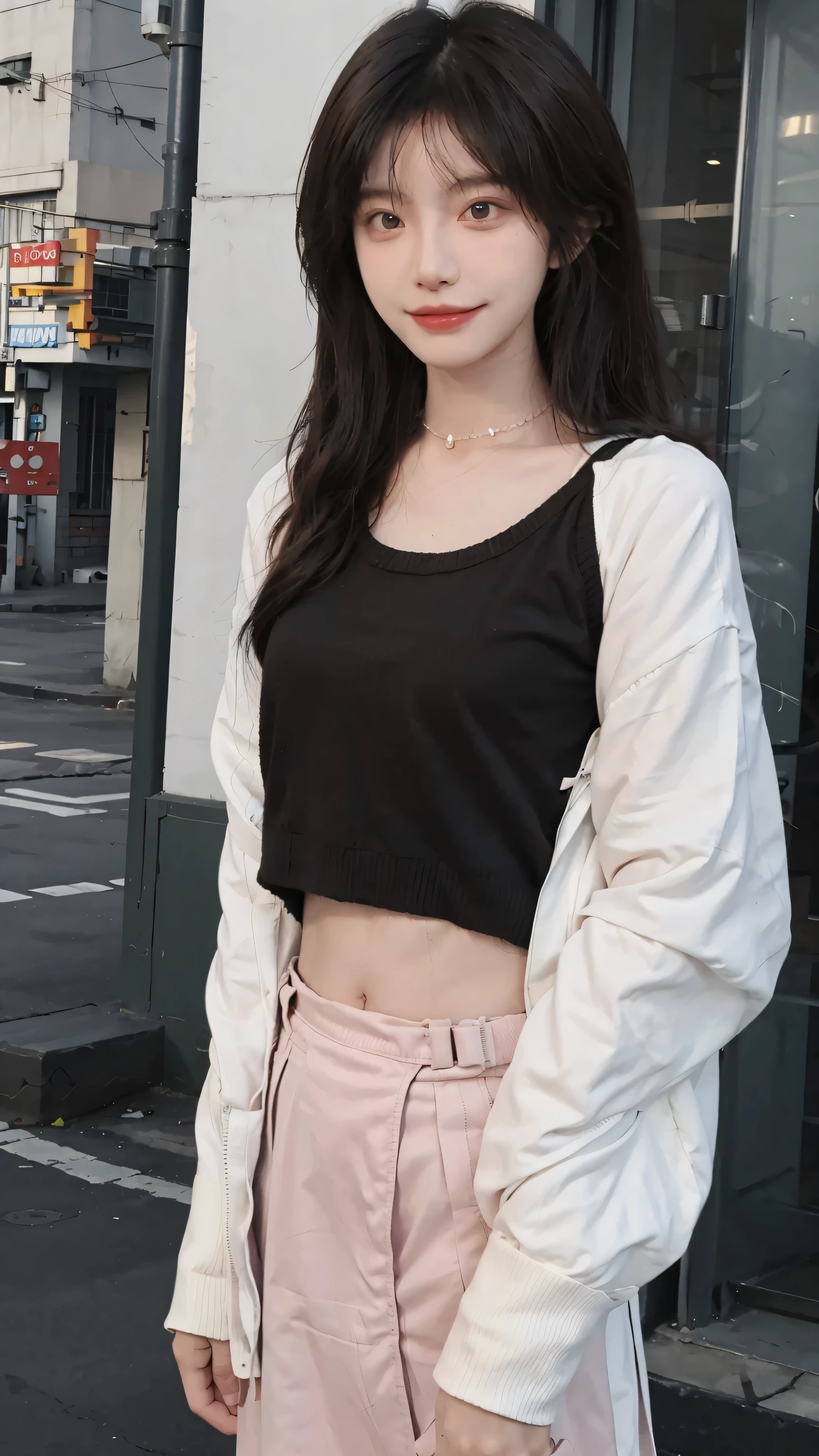 photorealistic, high resolution, 1 girl, black hair, korean, blue eyes, white shirt, skimpy tight black shorts, thick thighs