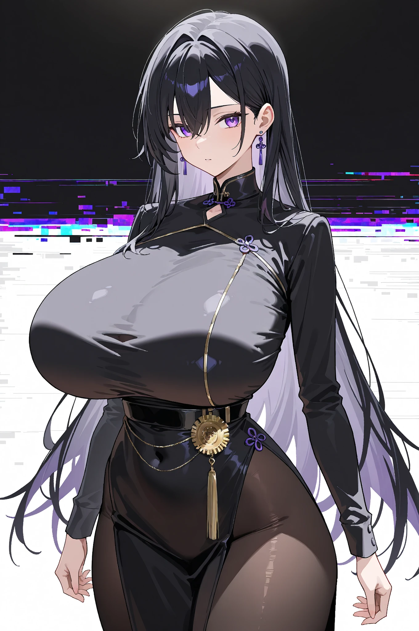 young girl, Long black hair, violet eyes, eyeglasses, Black sleeveless shirt, Huge-breasts, pants, fuel oil, An overly curious person, Masterpiece, hiquality