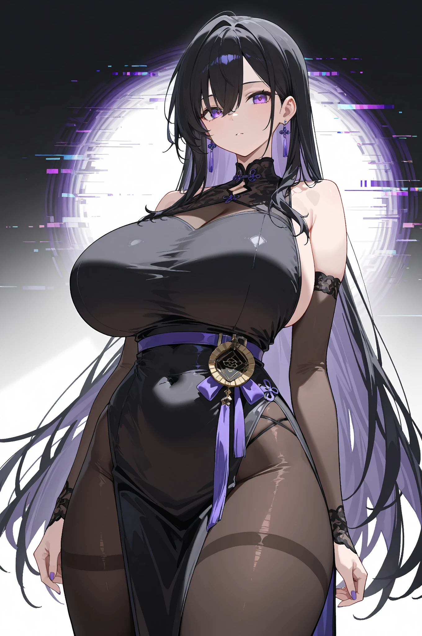 (long hair:1.3), (black hair:1.3), forehead, curvy, anatomically correct, heavy breathing, huge breasts, weapon, belt, string bikini, looking_at_viewer, long hair, simple background, (shaded face:1.2), hollow eyes, golden eyes, looking at viewer, (heavy breathing:1.2), expressionless, glaring eyes,