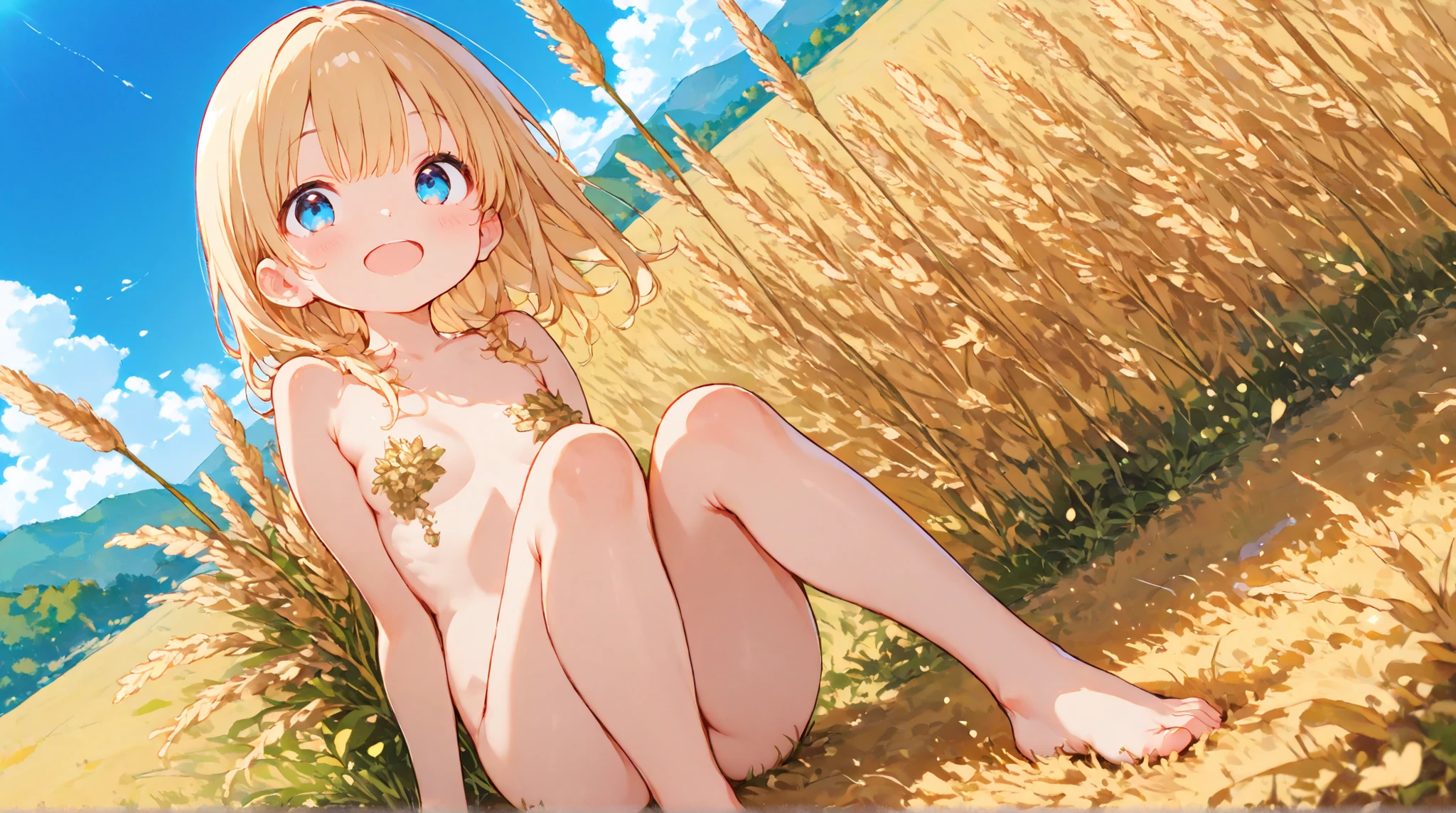 ((Masterpiece)), ((best quality)), (Anime:1.4), (super detail:1.2), (High Definition:1.3), (Professional Photography:1.3), (wide shot), profile, (sharp focus), (perfect light), ((12 years old)), 8K, Glossy skin, cinematic lighting, 1girl, (exposed naked body), exposed naked cute nipples, (Cute innocent teenage girl), slendar body, naked small breast, glossy medium hair, (loose blunt bangs), ((:3)), open mouth, fang out, (naughty smile), beautiful collarbones, (put on Cat ears), pale brown hair, BREAK, ((best quality)), (super detail:1.2), wide shot, (loose arms up), (sitting in colorful Hydrangeas fields)), open legs wide, summerday, Beautiful Horizon Background,