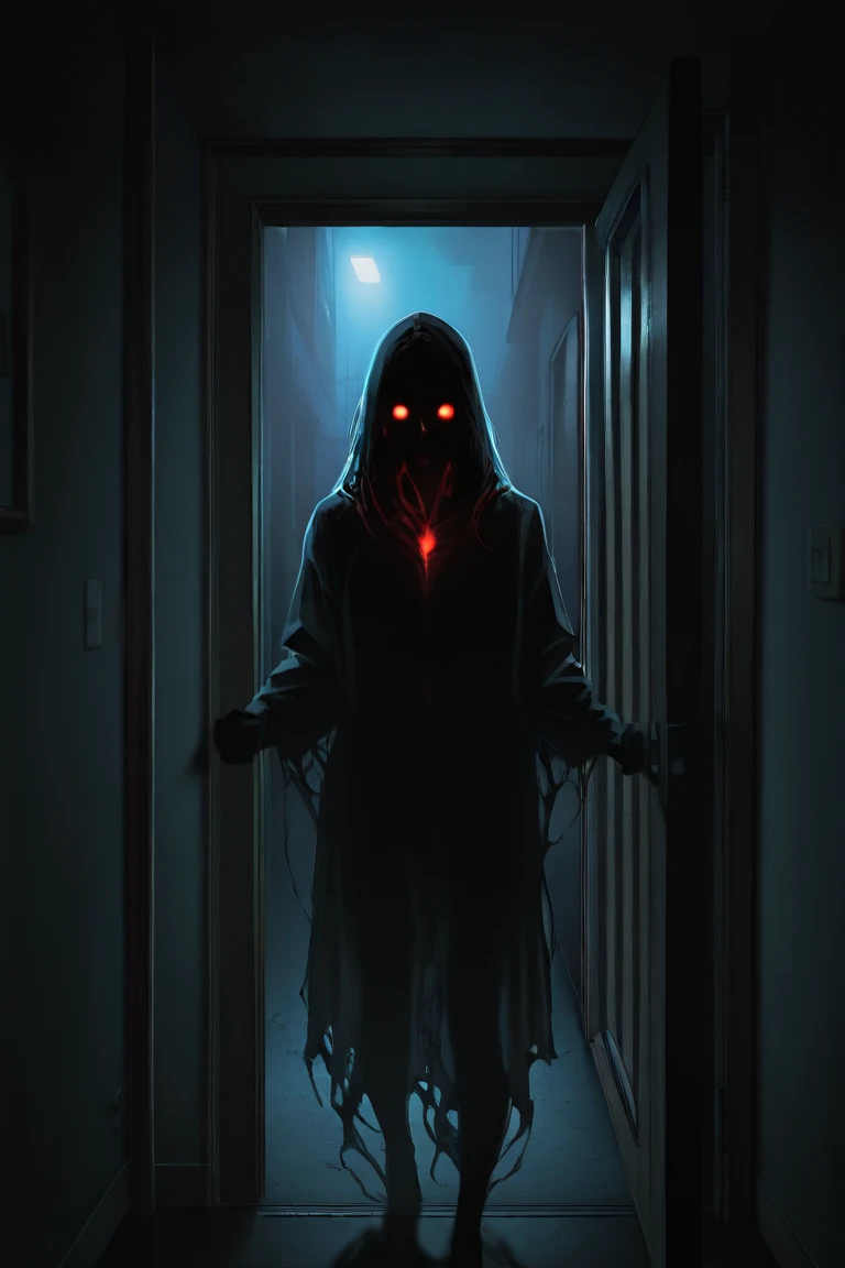 I would like to create an image where it appears to be a tall man, with no face, all Black, like a shadow. he is in the corner of the room, watching a child sleep with a creepy smile. a red portal is open behind him